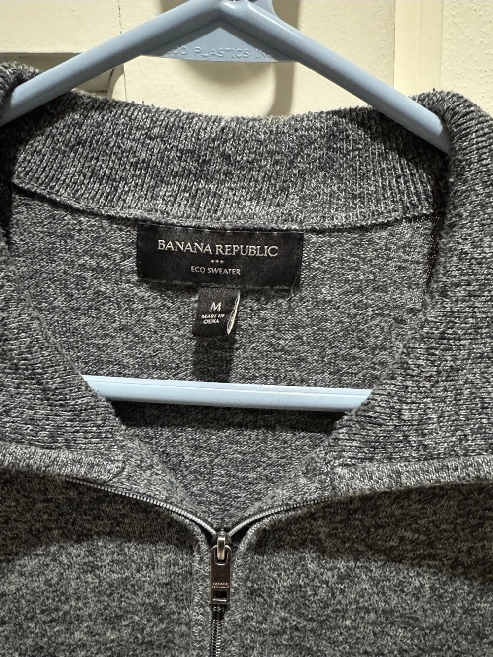 Banana Republic Men's Heather Gray Quarter-Zip Sweater with Dark Sleeve Stripes